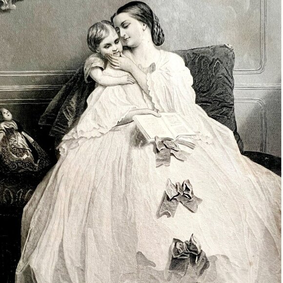 Interrupted Reading Steel Engraving 1859 Victorian Mother Child Doll Art DWY5E